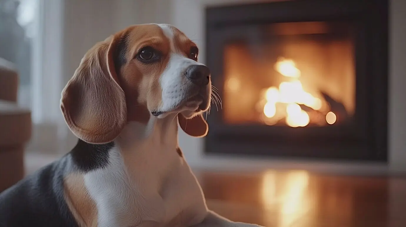Portrait of an adorable beagle by a fireplace