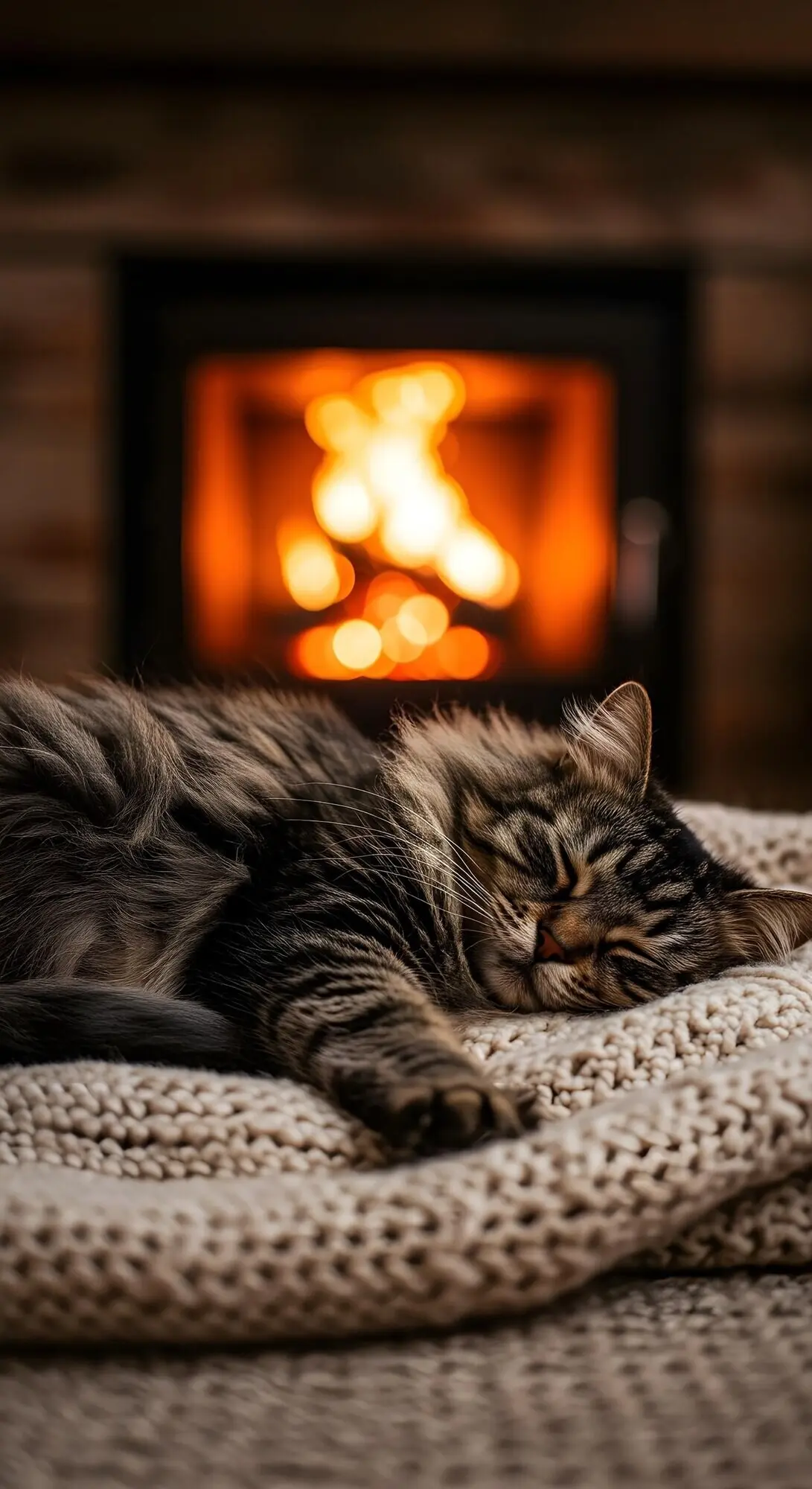 Cozy cat dozing by the fireplace